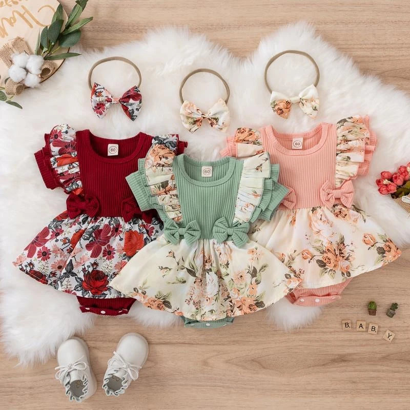 Girl Bowknot Striped Jumpsuit Dress Cotton 0-24M Kids